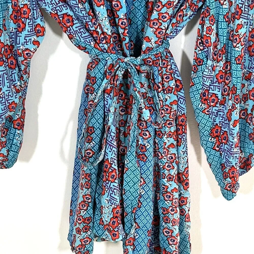 Josie Natori Kimono Robe Jacket Size Large Rayon Blue Floral Print Boho Hippie - Picture 4 of 11